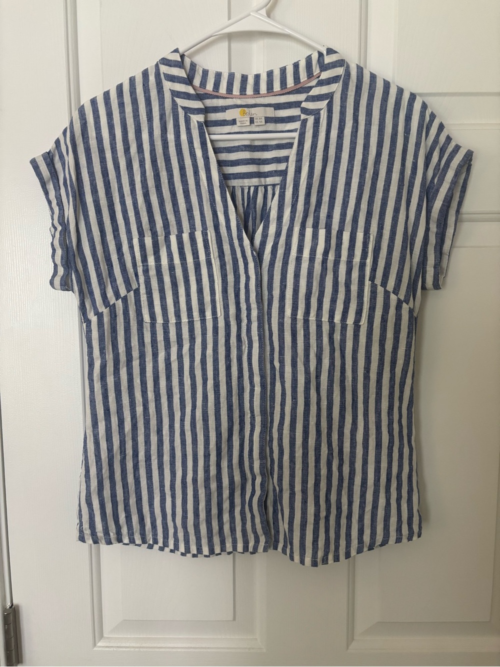 Boden Blue and White Striped V-Neck Short Sleeve Top Linen Size 4